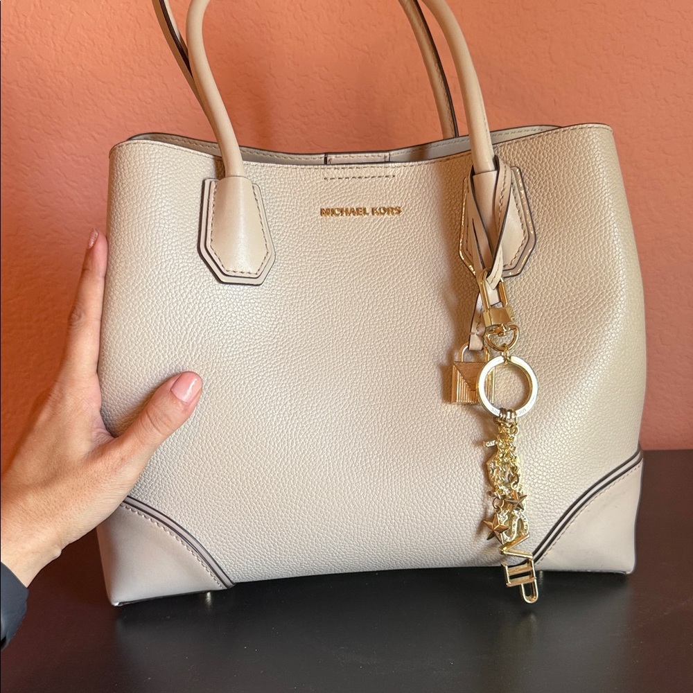 Michael Kors Beige Leather Tote with Gold Accents - Picture 7 of 7